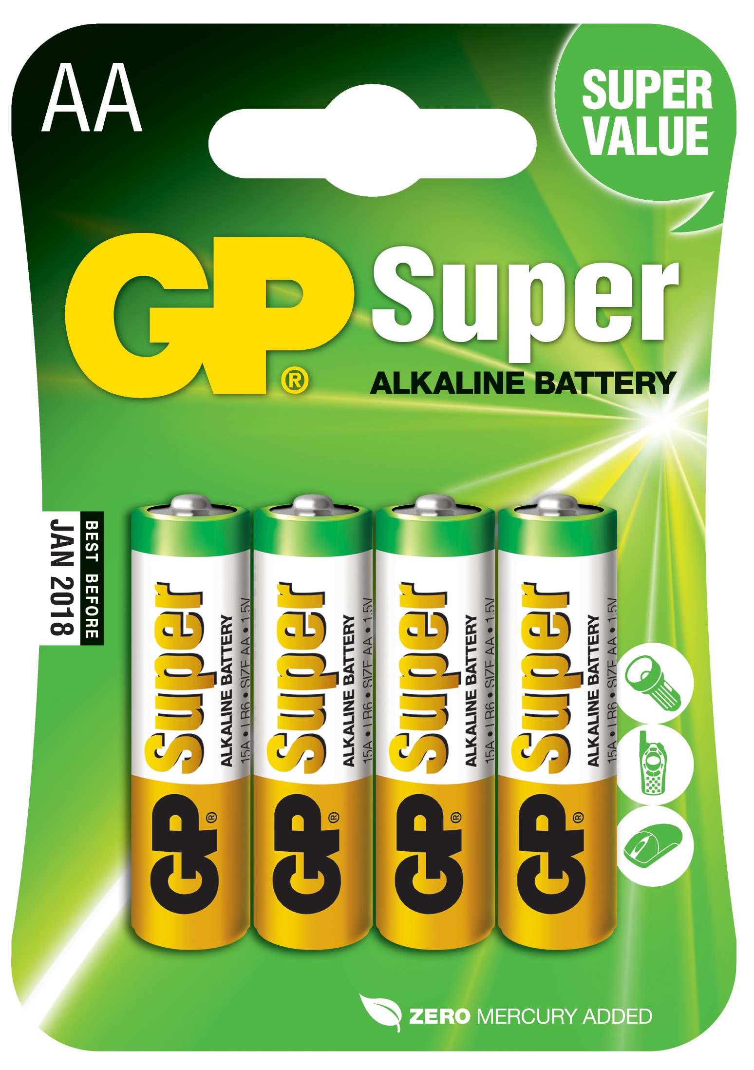 Baterie AA GP SUPER 15A LR6, alkalické - 4 ks